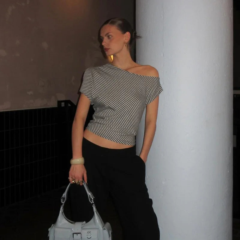 Striped T Shirts For Women Streetwear Inclined Collar Crop Top Y2k Accessories Short Sleeve Grunge Clothes Ropa Mujer Camisetas