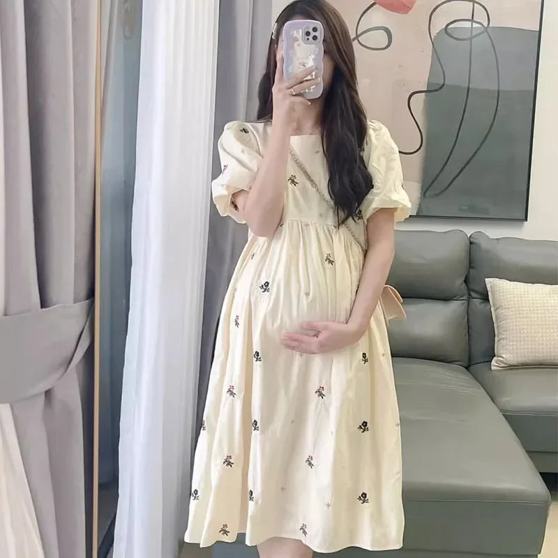 Maternity Chiffon Floral Dress Summer Sweet Ruffled Collar Fashion Printing Pregnant Women Dress Elegant Clothes
