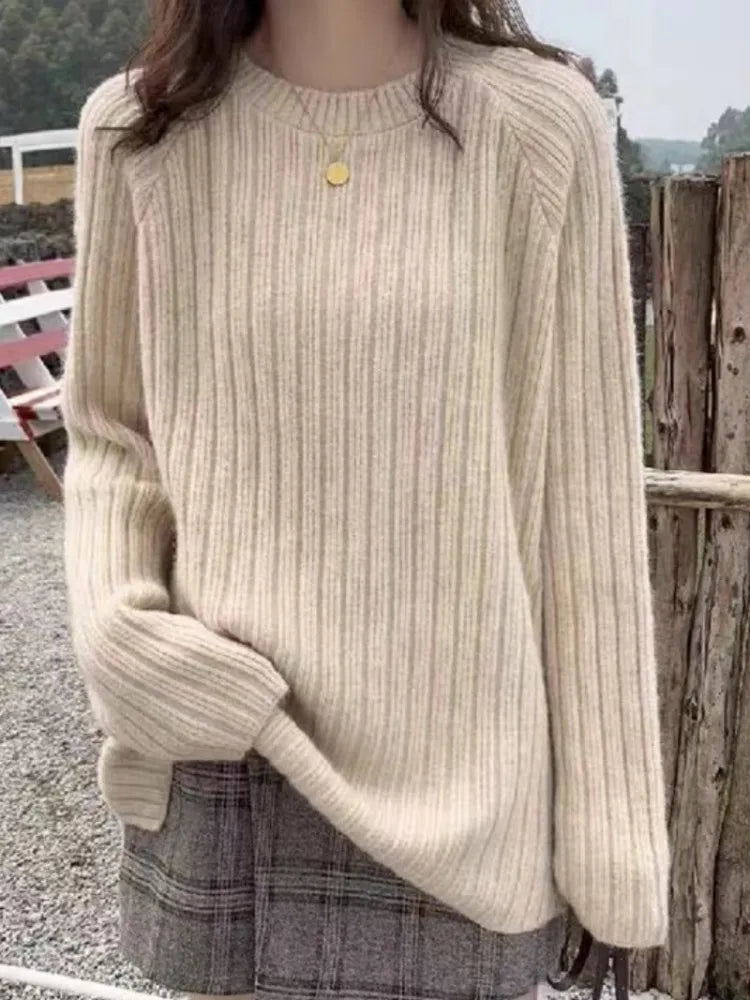 Sweater Women Autumn Winter Loose Wear 2025 Hot Selling 100%High-Density Knitted Pure Wool Sweater Solid Color Base Pullover Top
