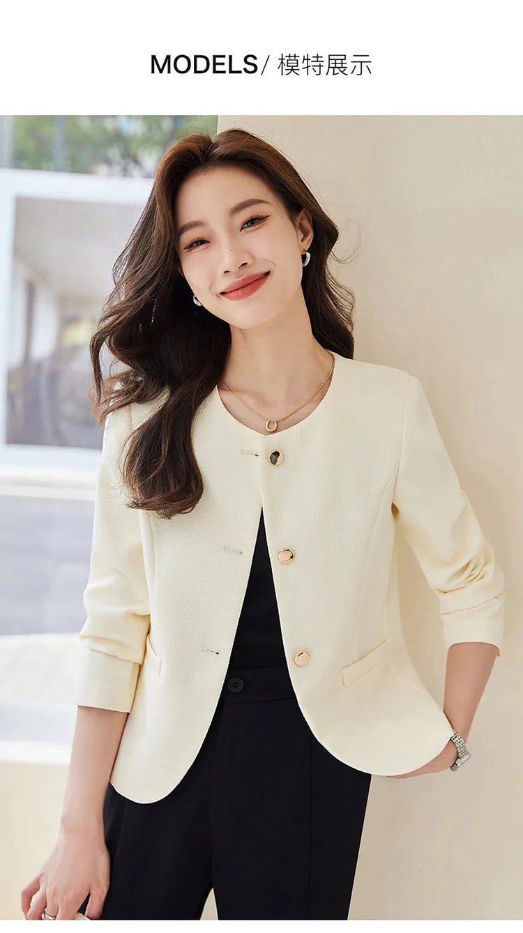 High quality blazer for women short jacket single breasted O neck spring autumn elegant office clothes pink yellow blue white