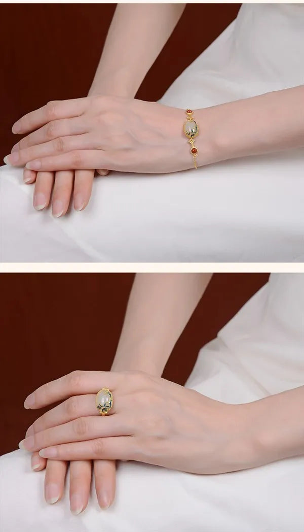 Gold Plated Cloisonne Jewelry Set Inlaid Hetian Jade Chinese Wind Vine Ladies Ring Earring Bracelet Pendant Necklace