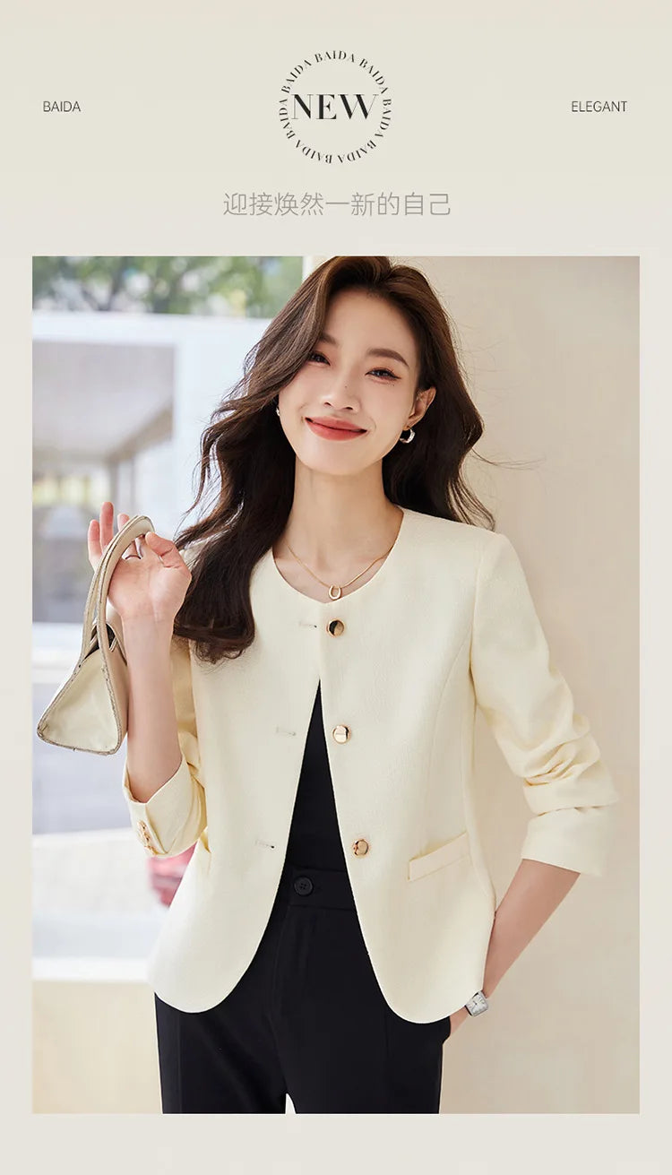 High quality blazer for women short jacket single breasted O neck spring autumn elegant office clothes pink yellow blue white
