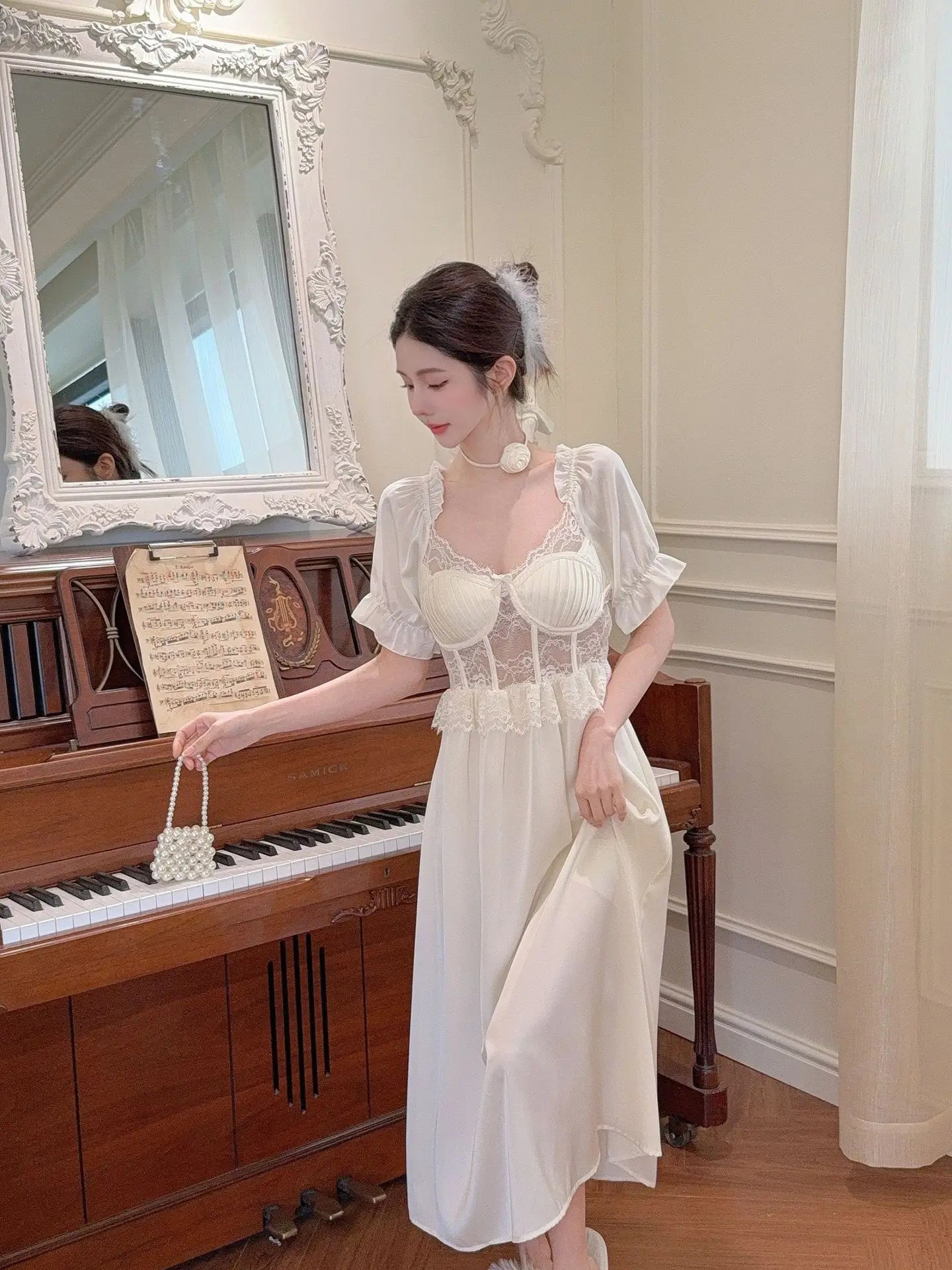 Women Long Nightgown Sleepwear Elegant Retro Court Style Nightdress Home Dressing Gown Spring Summer Rayon Sexy Lace Loungewear