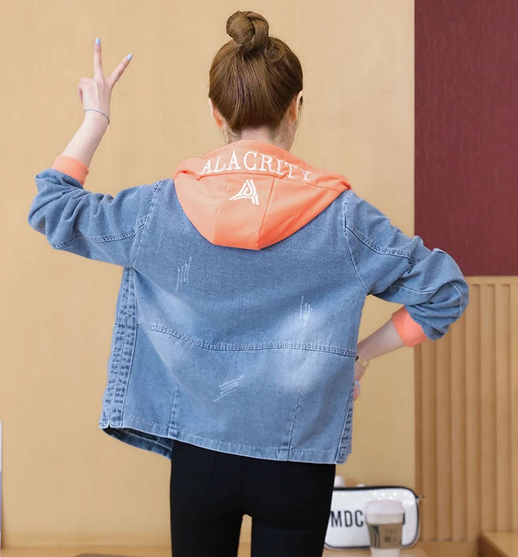 Outerwears Embroidered Spring Autumn Hooded Female Jeans Coat with Print Graphic Women's Denim Jackets Luxury Low Price Harajuku