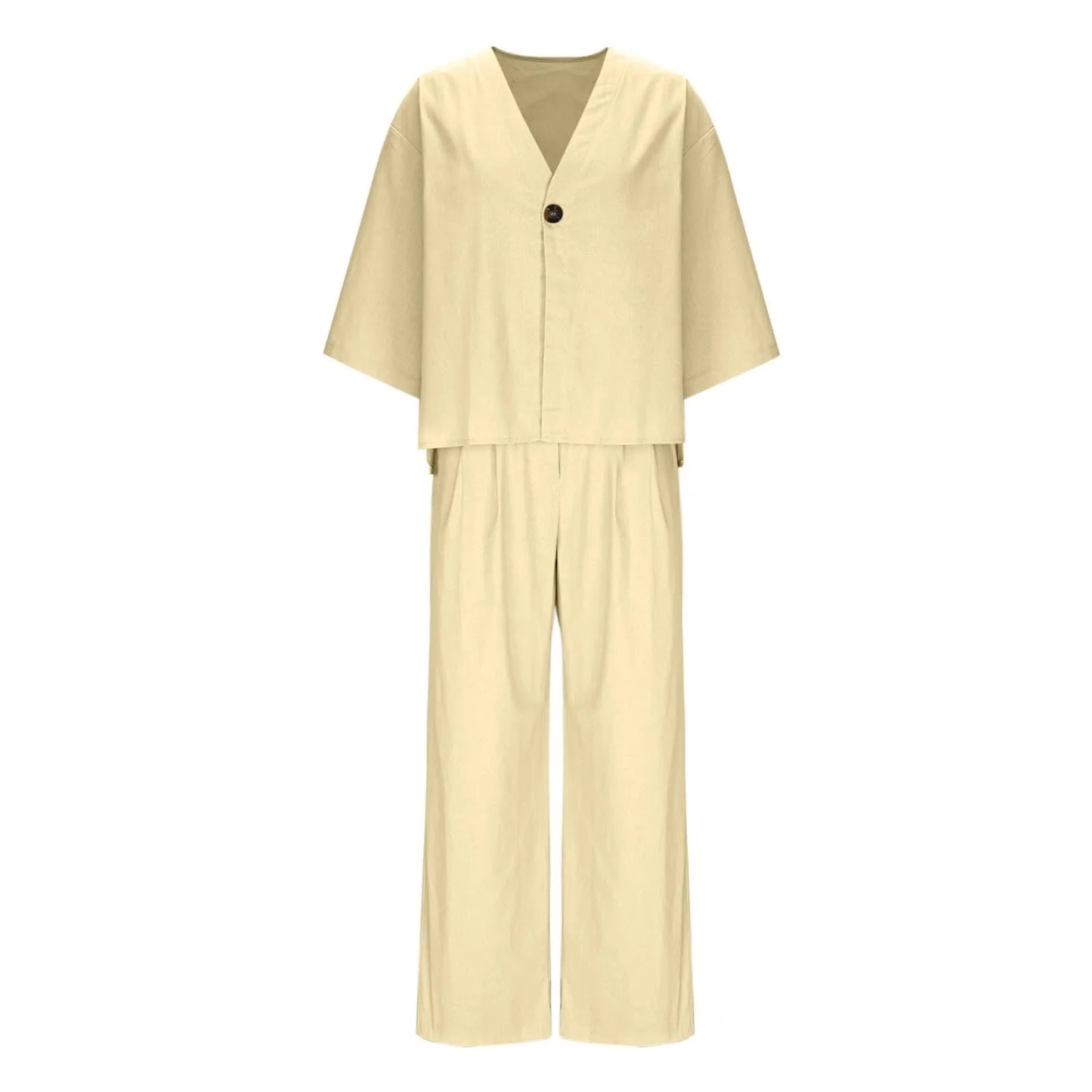 Two Piece Outfits For Women V Neck Button Down Shirt Top And Wide Leg Pants Set Loose Sweatsuits Conjunto Dos Piezas Mujer