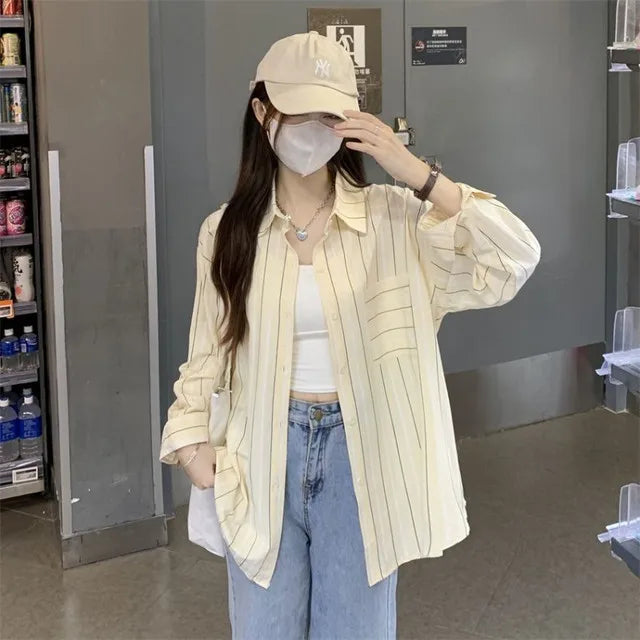Striped Shirts & Blouses For Women Elegant Chic High Quality Clothing Trend 2025 Pretty Promotion Youth Cool Button Up Woman Top