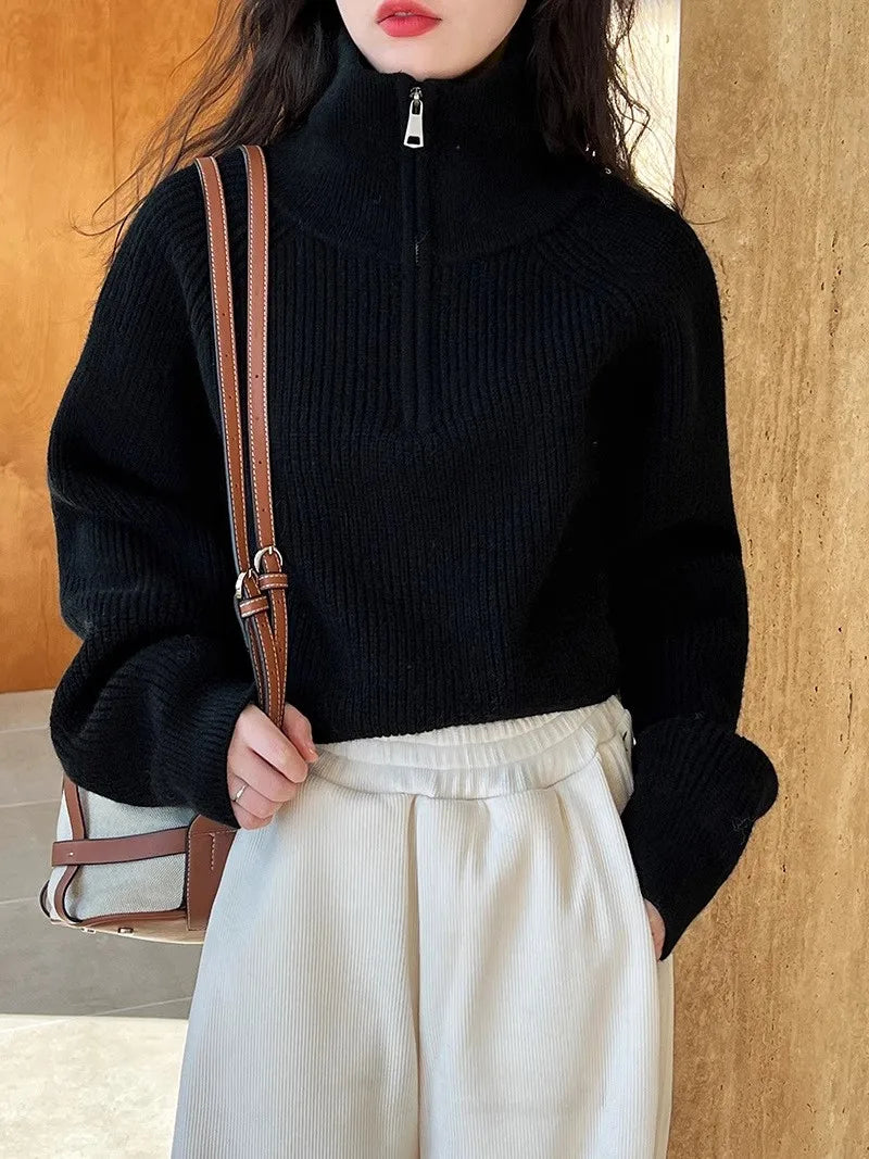 Sweater Pullover Women Autumn Winter 2025 New Zipper Underlay Loose Short Style Popular Premium Sweater Female Tops