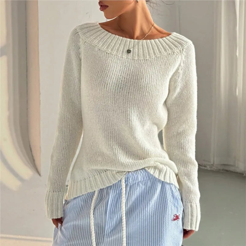 Sweater  Autumn/Winter White Simple One Word Collar Hoodie With Oblique Shoulder Out Long Sleeve Women's Knitted Casual Women