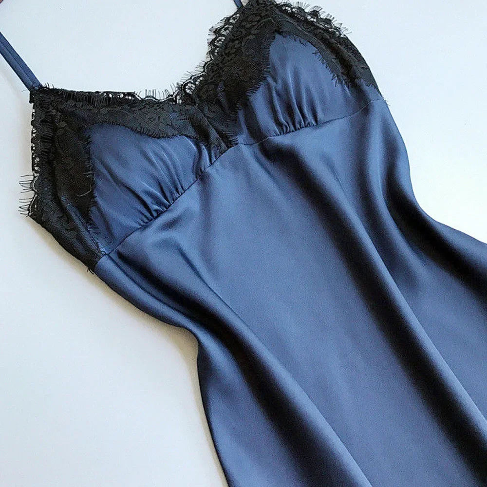 Ladies Sexy Silk Satin Night Dress Sleeveless Nighties V-neck Nightgown Nightdress Lace Sleepwear Nightwear for Women S-3XL