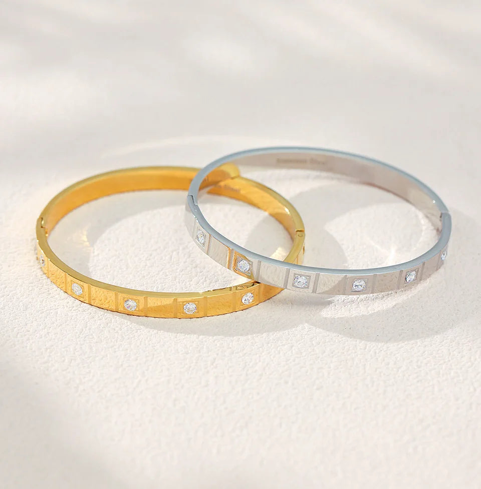 Stainless Steel Bracelet Bangle For Women Men 18k Gold Plated Inlaid Shiny Zircon Openable Unisex Bracelets Bangles Couples Gift