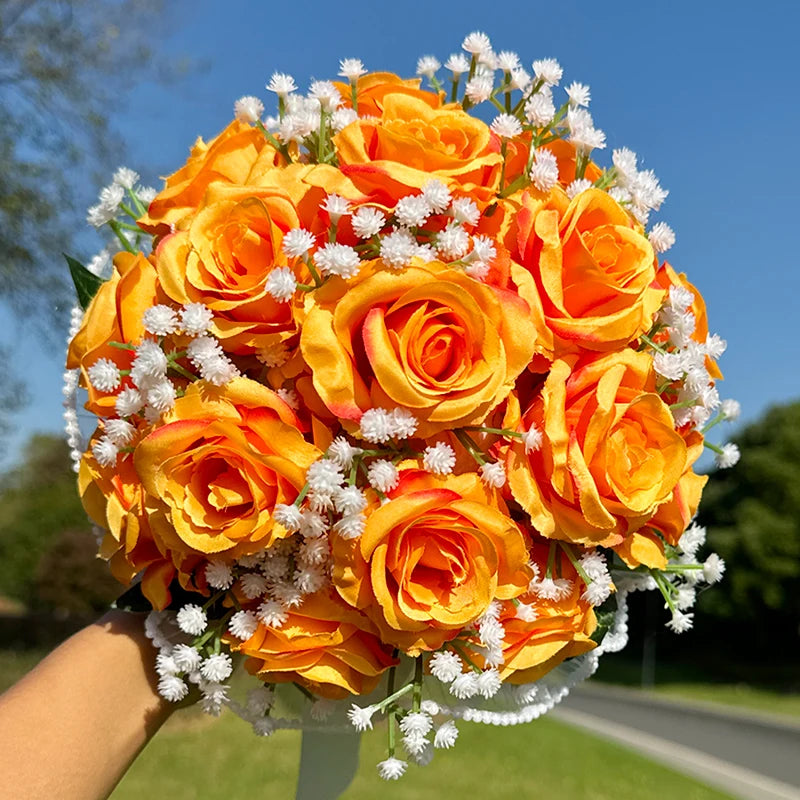 Wedding Bouquets for Bride Babysbreath Rose Bridesmaid Bouquets Silk Ribbon Valentine's Day Decoration Pearl Lace Mesh Ball Gift