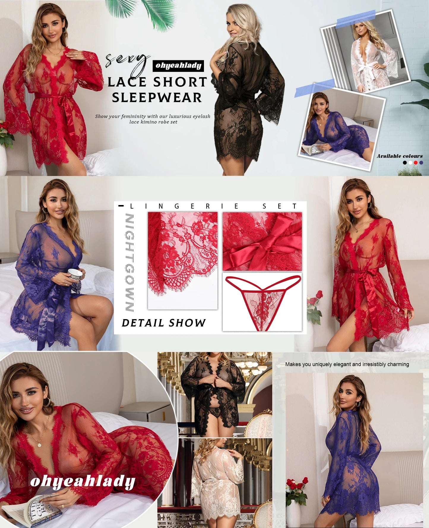 Women's Elegant Sleepwear Red Sheer Mesh Transparent Robe Set Erotic Nightgown Hot Plus Size Sexy Babydoll Lingerie with Panties