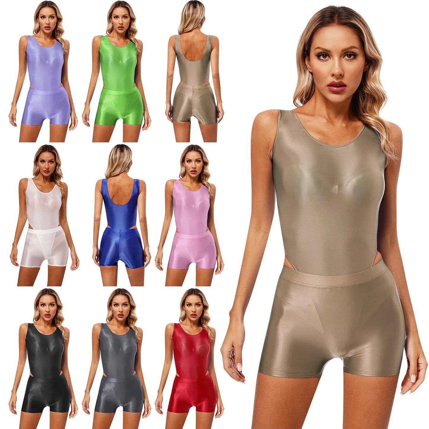 Womens Glossy Swimsuit High Cut Backless Sleeveless Bodysuit with Elastic Waistband Shorts for Gym Yoga Sports Fitness Swimming