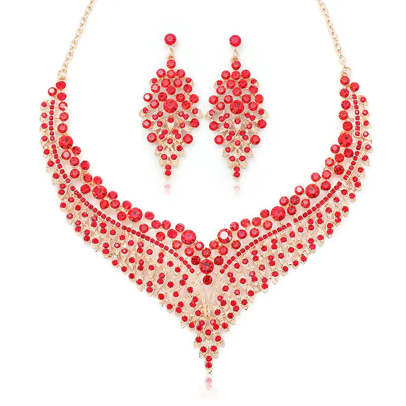 Luxury Jewelry Set Wholesale Elegant Bridal Wedding Prom Red Crystal Statement Earrings Rhinestone Choker Necklace for Women