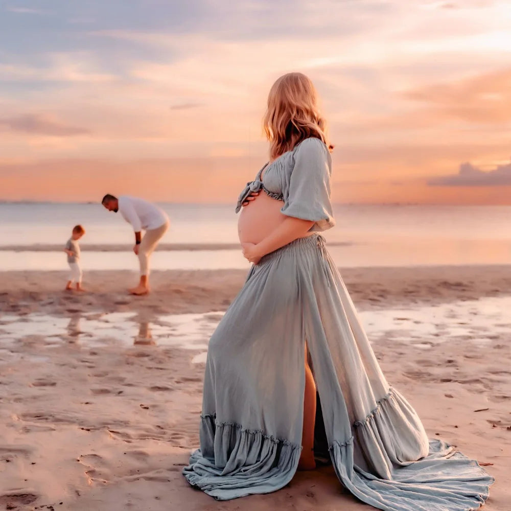 Maternity Photography Dresses Soft Cotton-Like Dress V-neck Tie Up Top A-line Skirt Two-Piece Set Clothes For Pregnant W