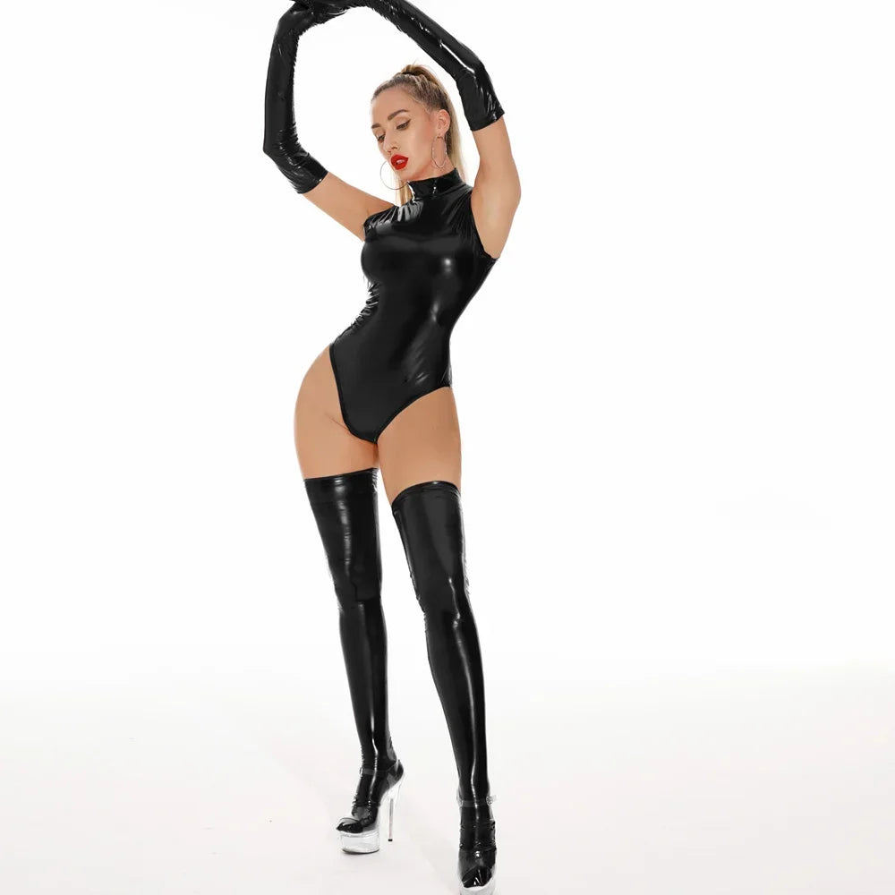 Sexy Women Wetlook High Cut Bodysuit Cosplay Shiny Maid Tight PU Faux Leather Elastic Club Dance Leotard Sexy Lingerie Costume
