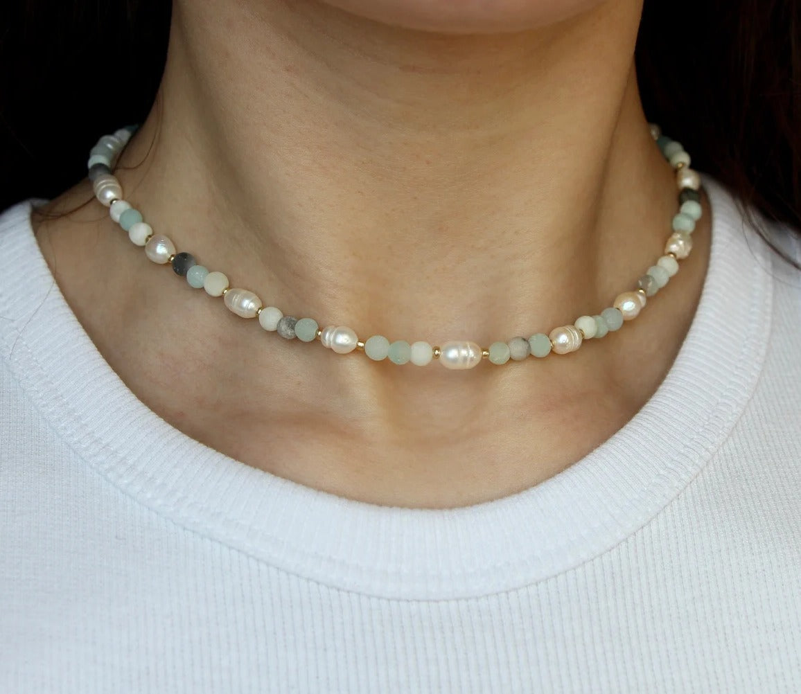 Handmade necklace made of real semi-precious stone and freshwater pearls Crystal Jewelry Cluster Necklace