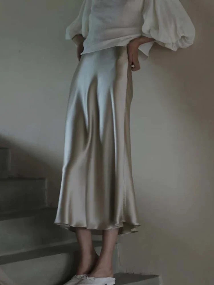 Elegant Skirts for Women Satin High Waisted 2025 New Slim Fit Long Skirt Fashion Temperament Simple Versatile Grey Black Skirts