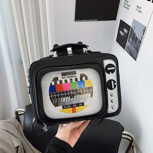Cartoon Cute Handbags for Women Funny Retro TV Transparent Square Bag Fashion Leather Personalized Creative Shoulder Bag Woman