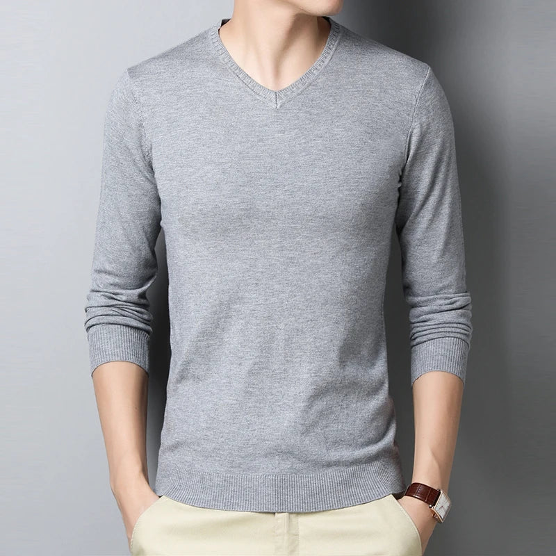 Sweater men's solid color sweater V-neck sweater thin design spring and autumn winter knitted base sweater
