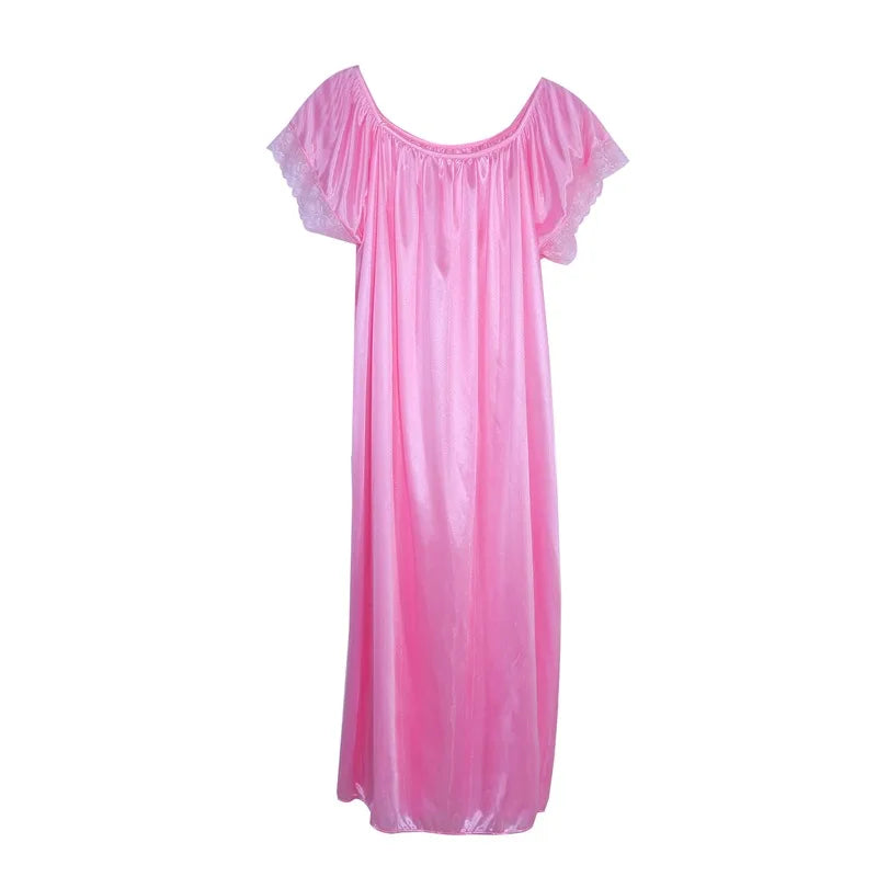 Women Night Gowns Sleepwear Lace Patchwork Nightwear Long Sleeping Dress Casual Ladies Home Dressing