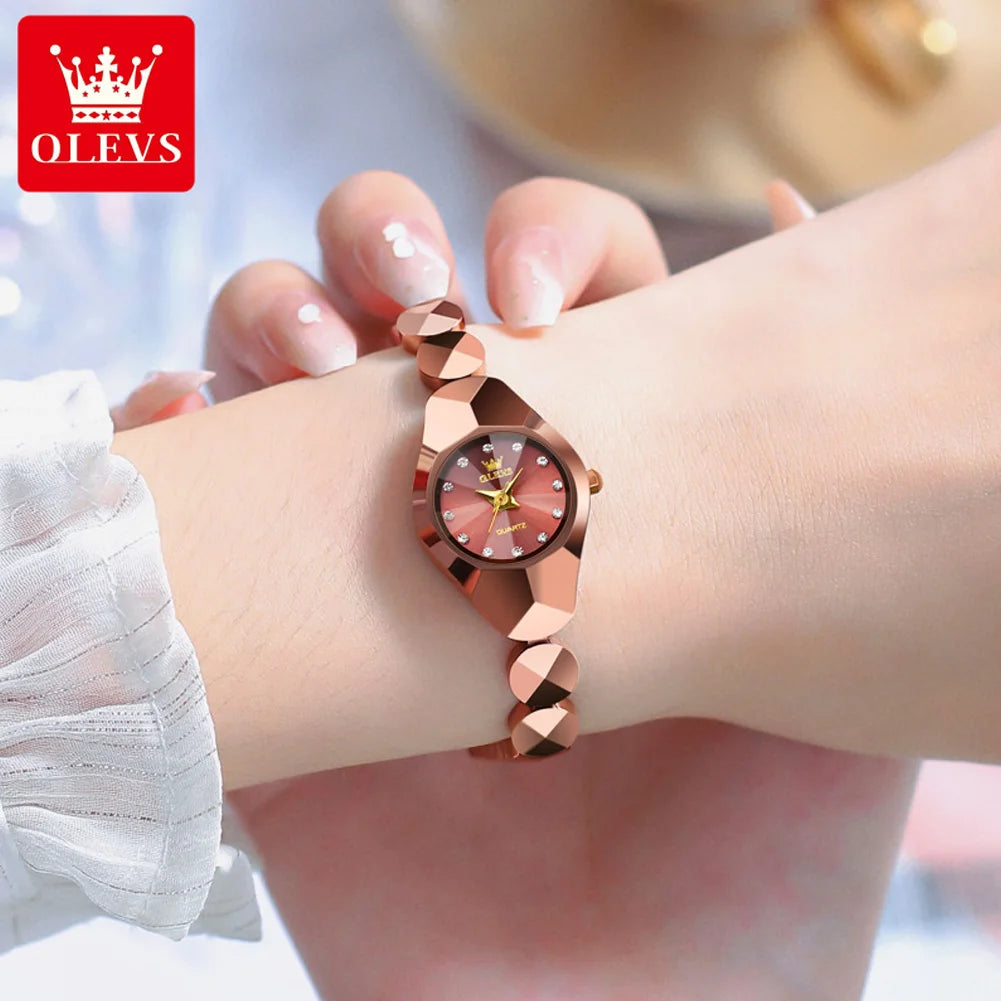 OLEVS 7007 Watch for Women Original Rhombic Mirror Waterproof Quartz Ladies Wristwatch Tungsten Steel Strap Luxury Women's Watch