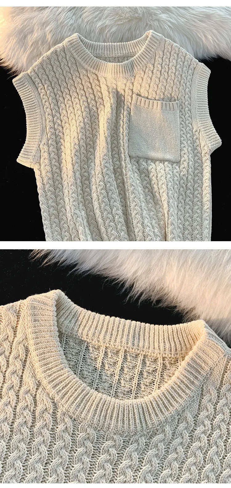 Sweater Vest Men Winter Students Knitwear Harajuku Round Neck Pockets Handsome Casual Streetwear Unisex Preppy Stylish Ins