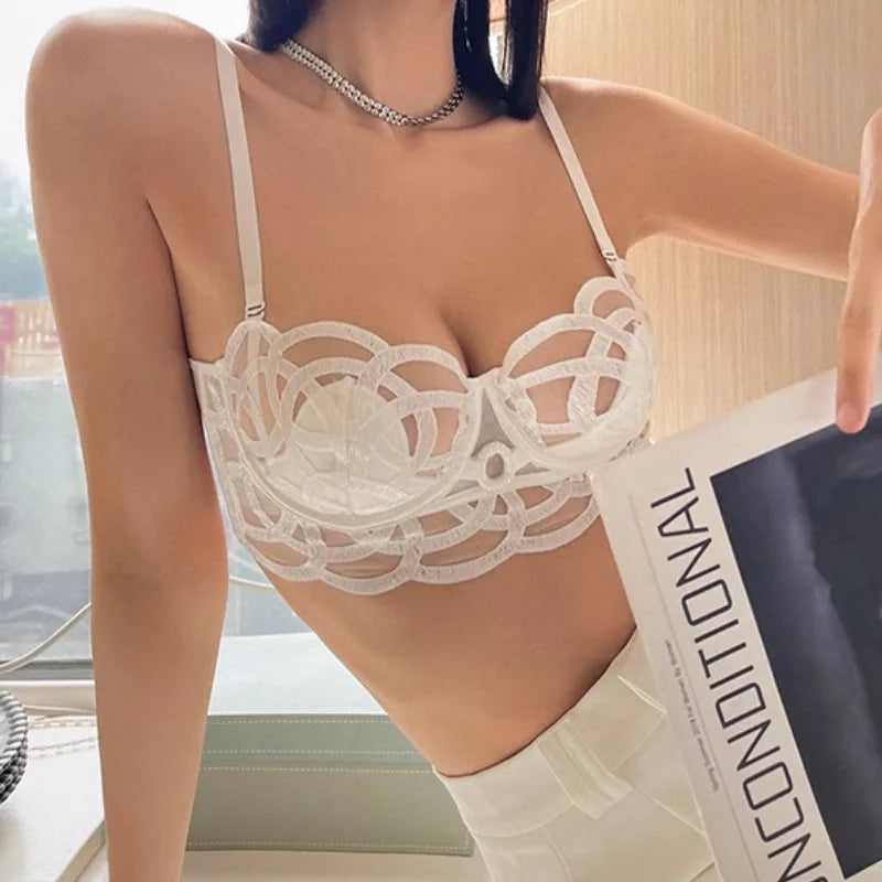 Women's Sexy Underwear Bra Female Hollow Out Thin Cotton Rabbit Ear Cup Soft Breathable Gathering Lace Large-sized Bra Everyday