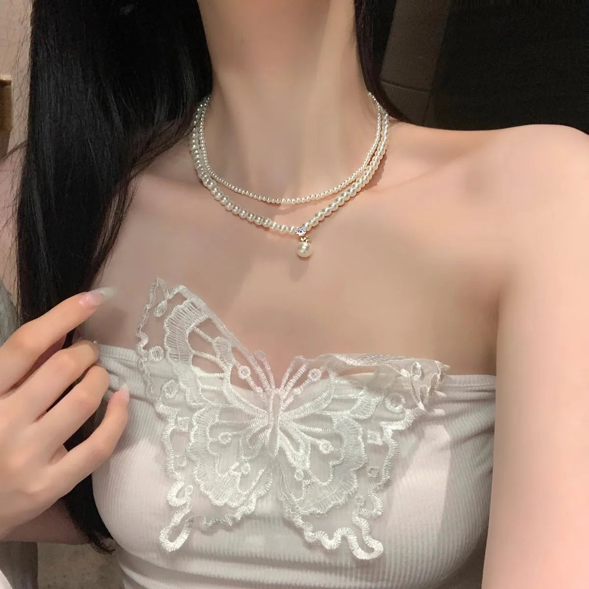 Elegance retro pearl double-layer collarbone chain women's accessory pearl high-end light luxury and niche necklace