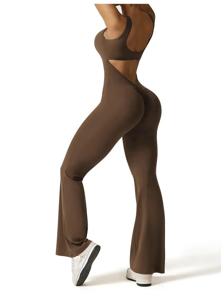 Women's Fitness Flared Bodysuit Sexy Backless Fitness Tight Waistband Hipless Yoga Bodysuit V Back Waistband Hip Lift