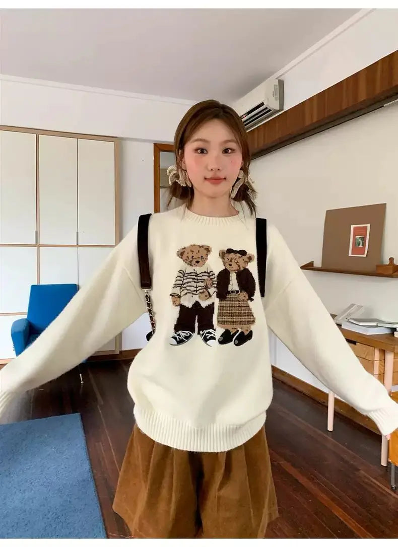 Sweater cartoon small bag core yarn needle retro women's  loose round neck knitted sweater new print black