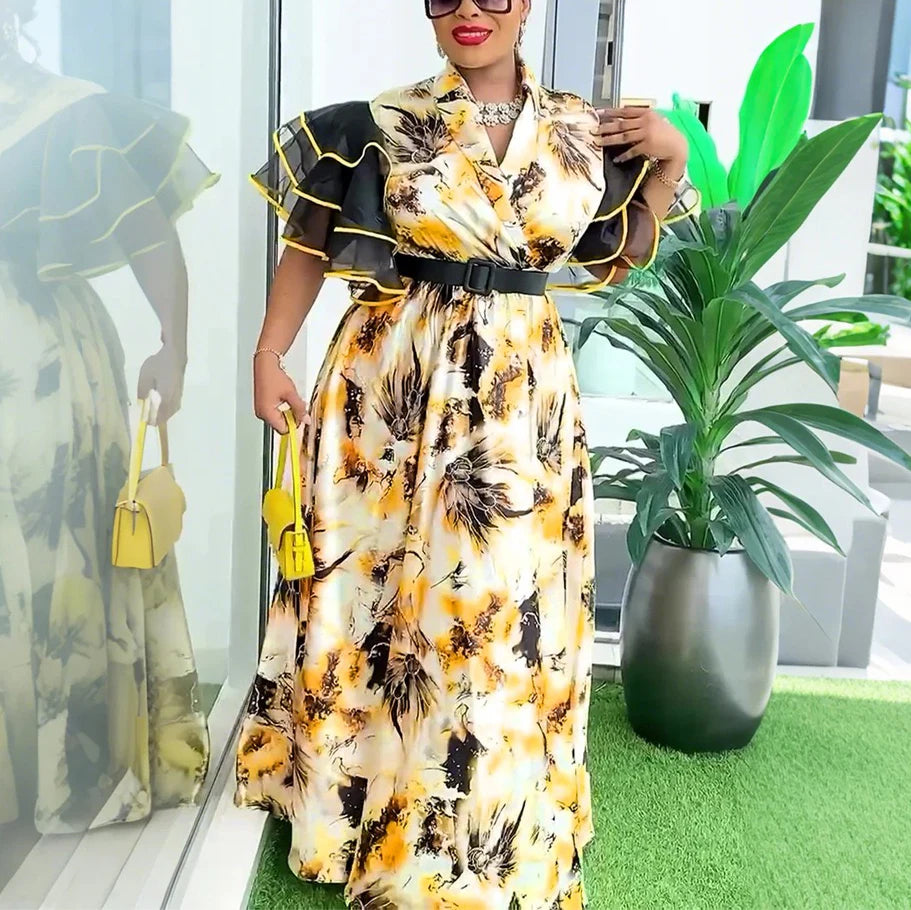 Elegant Printed Dresses for Woman V Neck Ruffles Sleeve Belt Waisted Ankle Length Luxury Birthday Party Dinner Vestidos Mujer