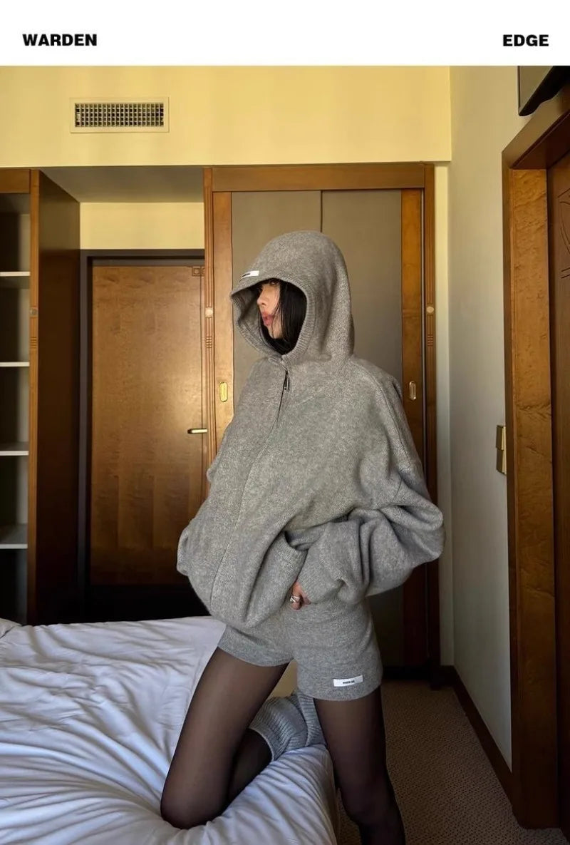 Sweater Set Women American Vintage Hooded Long Sleeve Cardigan Straight Shorts Grey Two Piece Outfit Fall Winter Streetwear Set