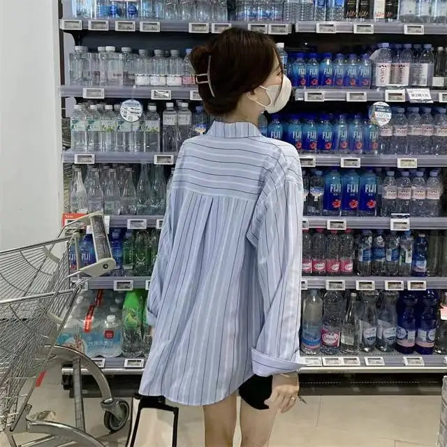 Striped Shirts & Blouses For Women Elegant Chic High Quality Clothing Trend 2025 Pretty Promotion Youth Cool Button Up Woman Top