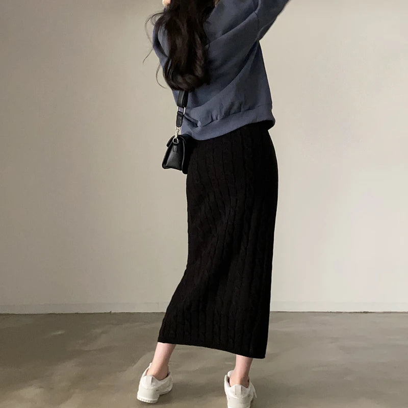 Solid Knitted Skirts For Women 2023 Fashion Autumn Winter Slim Long Skirt Vintage Casual Elastic High Waisted Straight Skirt New