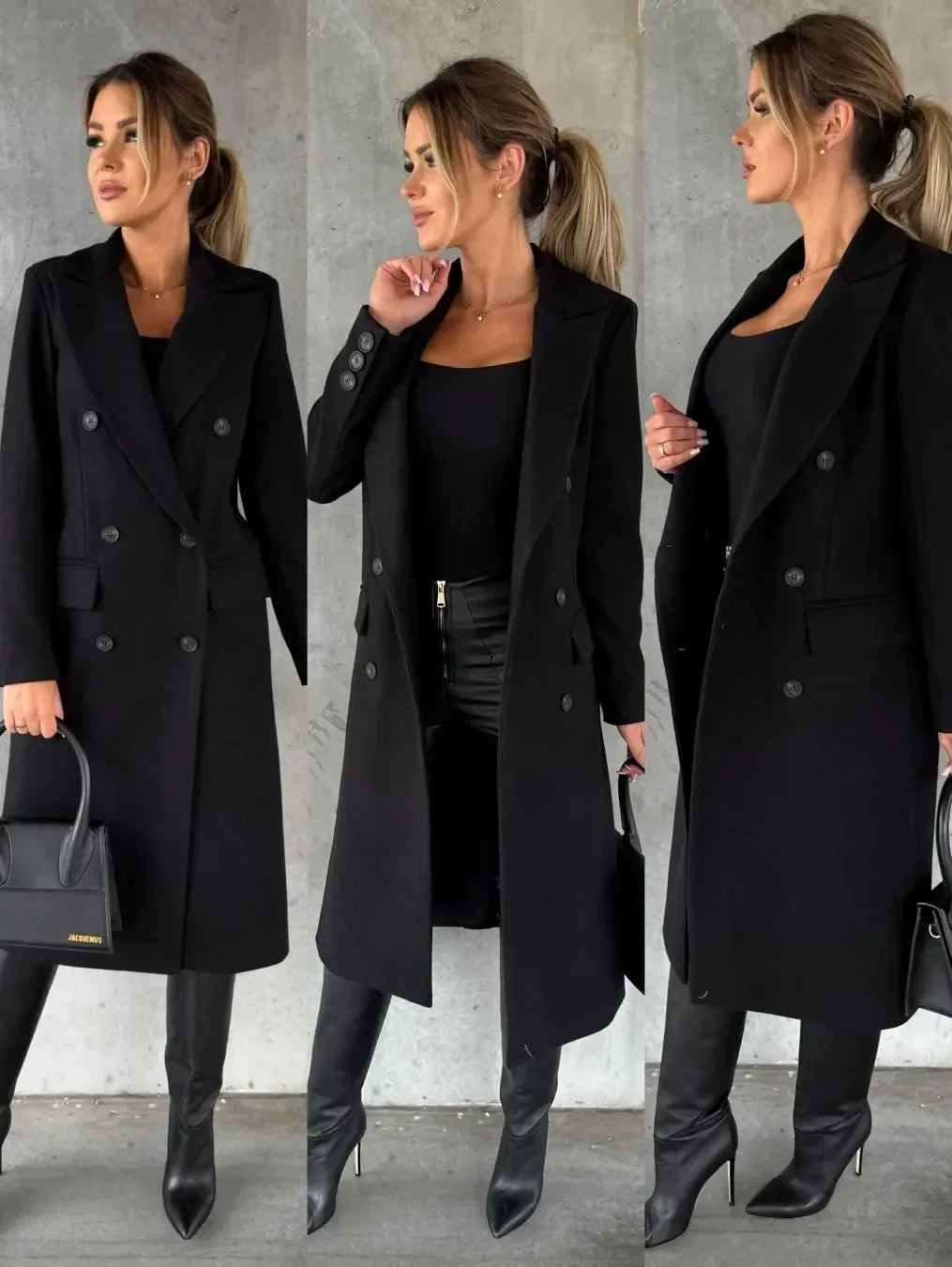 Women Double Breasted Woolen Outerwear Solid Color Long Overcoat Commuter Style Turndown Collar Lady Outerwear for Autumn Winter