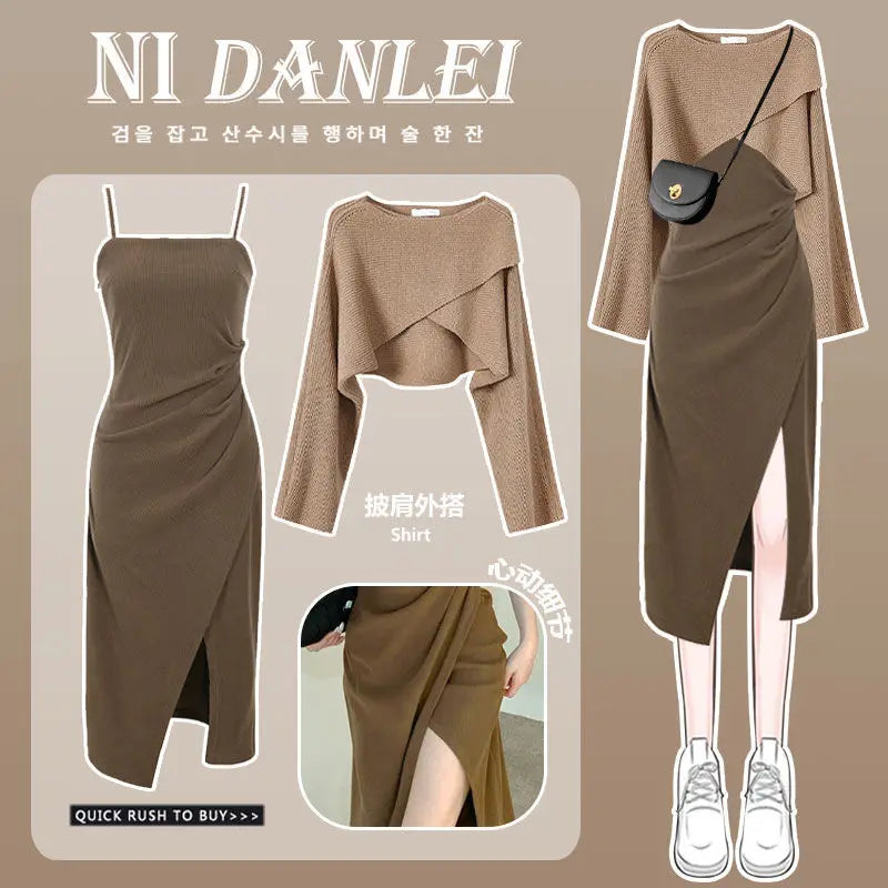 Women Dress 2 Piece Sets Strap Vintage Dresses Long Sleeve Tops Female Outfits New Spring Fall