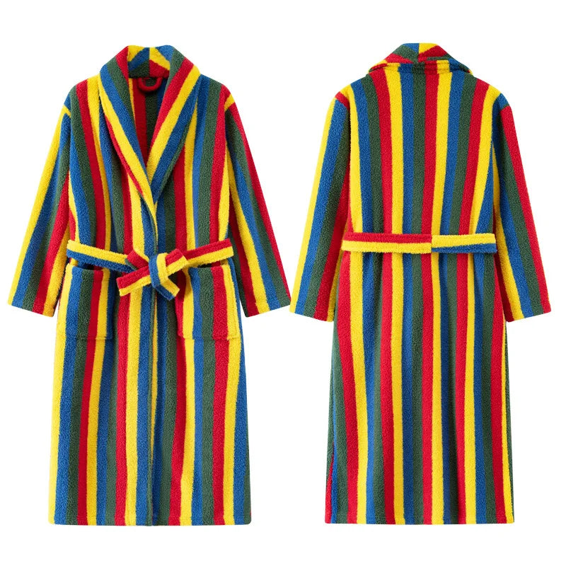2025 New Autumn/Winter Women's Sleepwear Thick Velvet Warm Robe Couple Coral Velvet Striped Lengthed Home Clothes Bathrobe