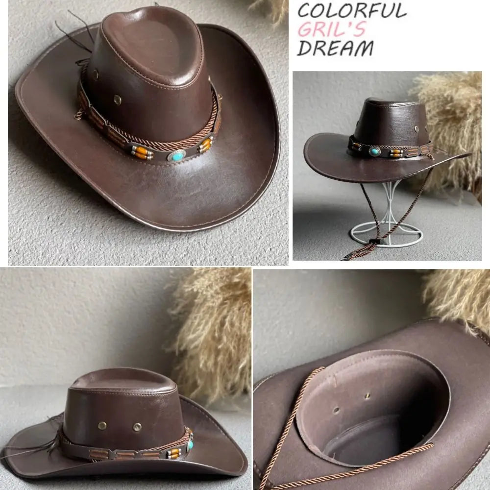 Hat Vintage Sombrero Hombre For Men For Women Faux Leather Drawstring Travel Cowboy Hat Women Cap Fisherman Hat Bucket cap