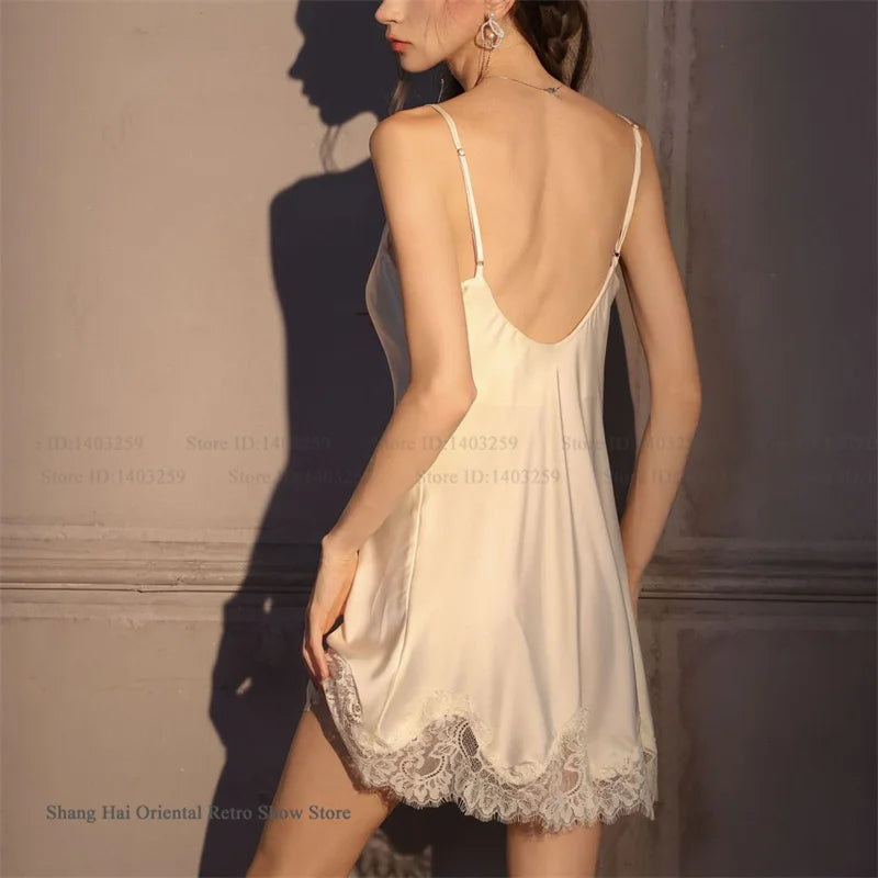 Sexy Women Nighty&Robe Set Intimate Lingerie Spring Summer New Sleepwear Home Dress Patchwork Lace Nightgown Ice Silk Night Wear