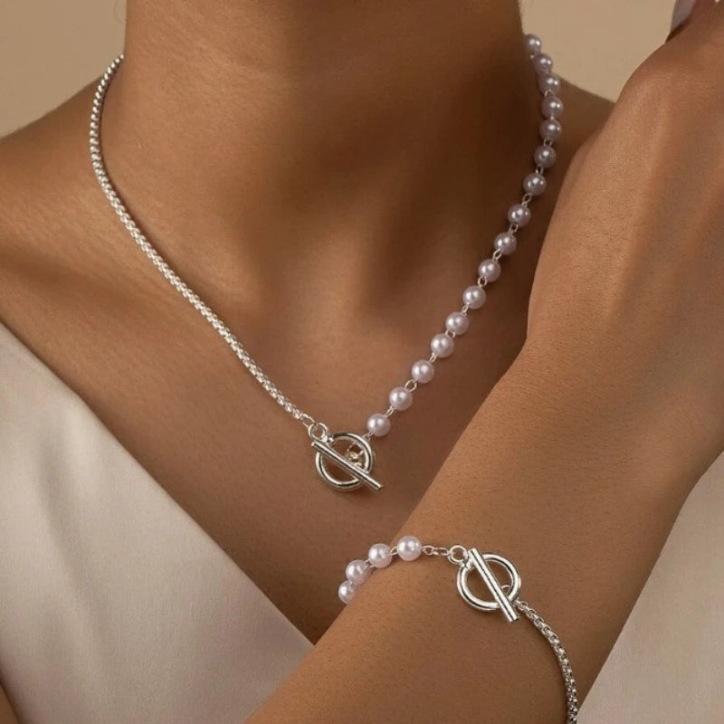 Stainless Steel Jewelry Set Fashion Elegant Design Splicing Pearl Chain Light Luxury Pendant Jewelry Set for Women Бижутерия