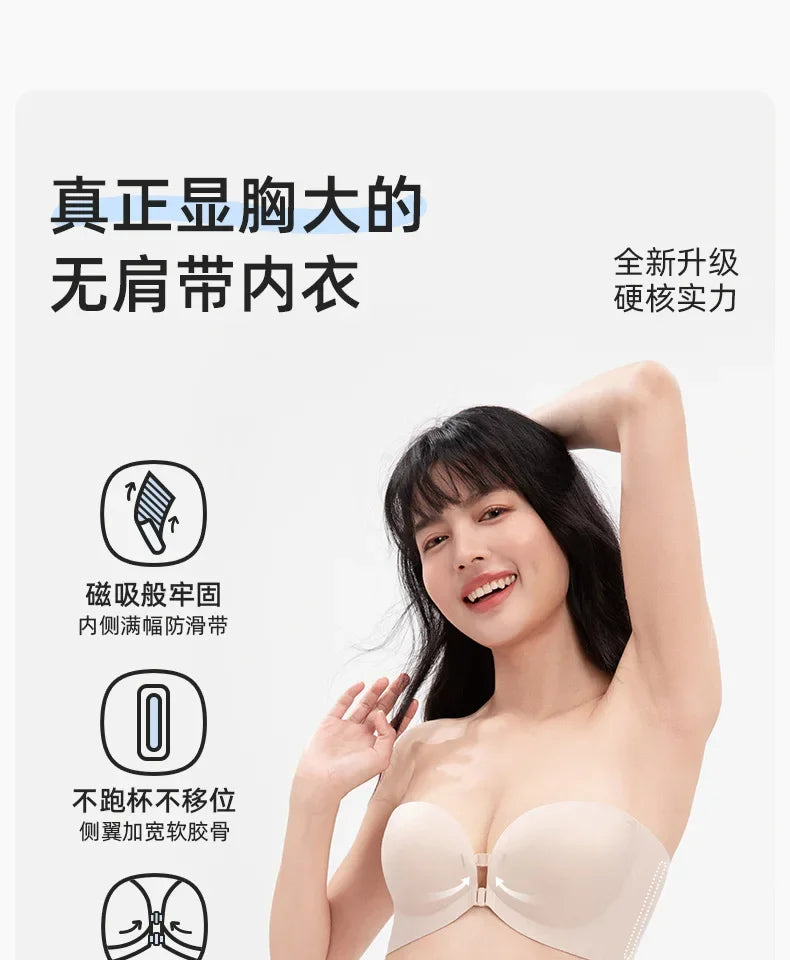 Double Front-buttoned Strapless Bra for Women, Invisible, Anti-slip, Strapless and Backless, with A Close-in Top Support Bra