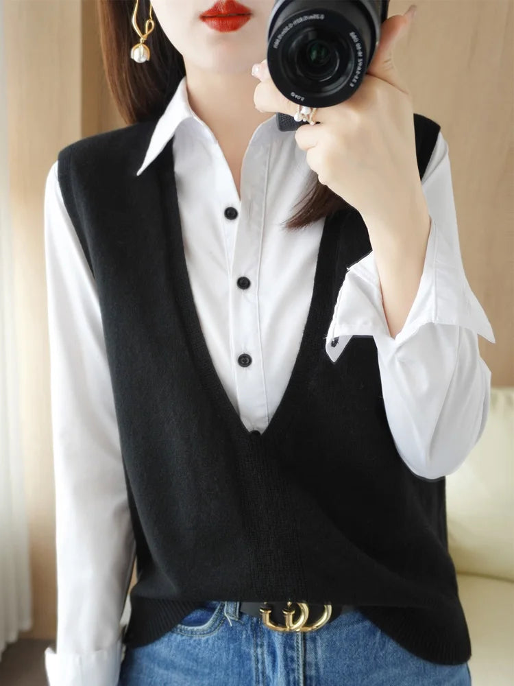 Sweater Vest Women 2025 Spring Autumn Korean Fashion Pullovers Thick Warm Loose Fit Ladies Vest Knitwear Sleeveless Knit Top