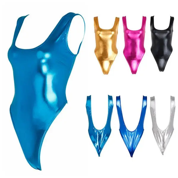 Women Sexy High Cut Bodysuit with Stocking Outfits Metallic Glossy Sleeveless Stretchy Tights One-piece Swimsuit Clubwear