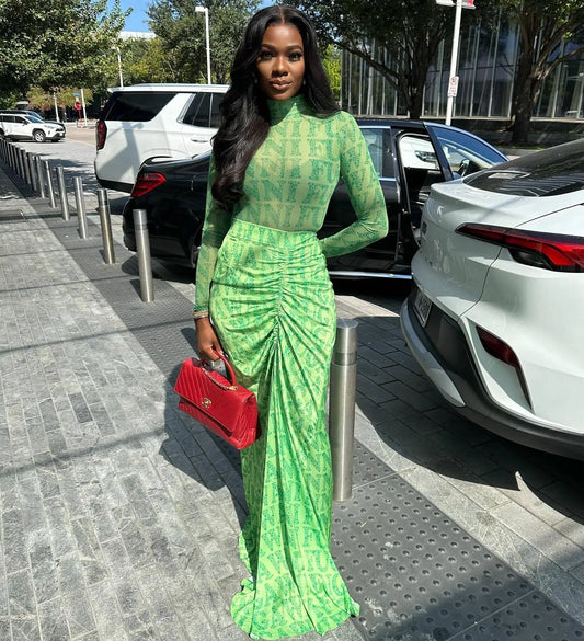 Two Piece Sets Women Skirt Set Print Matching Sets Slim Dress Sets Bodycon Top Floor Length Skirts Casual Pleated Elegant Spring