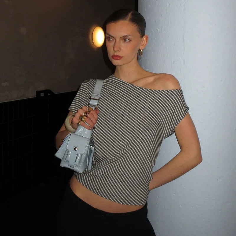 Striped T Shirts For Women Streetwear Inclined Collar Crop Top Y2k Accessories Short Sleeve Grunge Clothes Ropa Mujer Camisetas