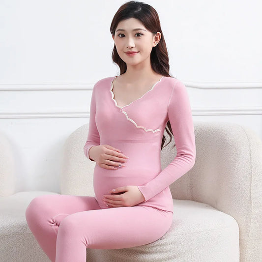 Winter Maternity Padded Warm Pajamas Pregnant Women's Homewear with Cups No Need to Wear Bra Breastfeeding Bottoming Underwear