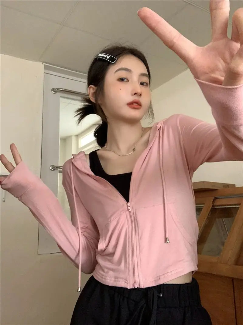 Hooded Jackets Women Thin Sunscreen Solid Fashion Summer Long Sleeve Cropped Coats All-match College Breathable Sporty Popular