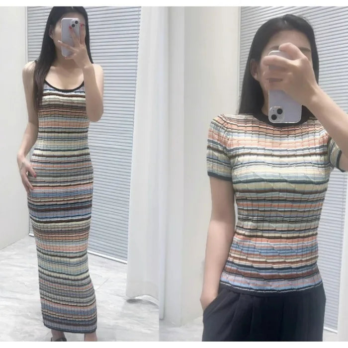 Women's elegant two piece suit striped knitted slim fit top or striped evening dress party midi robe