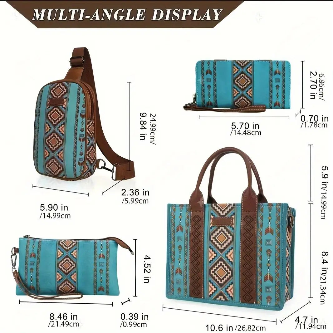 4pcs Lightweight Retro Work Satchel Tote Boho Chic Green Handbags for Women Everyday Use Purse